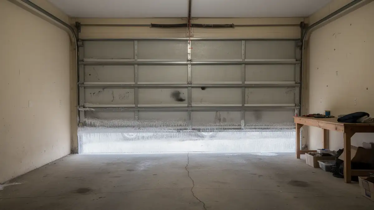 The garage door is covered in ice and icicles at the bottom.