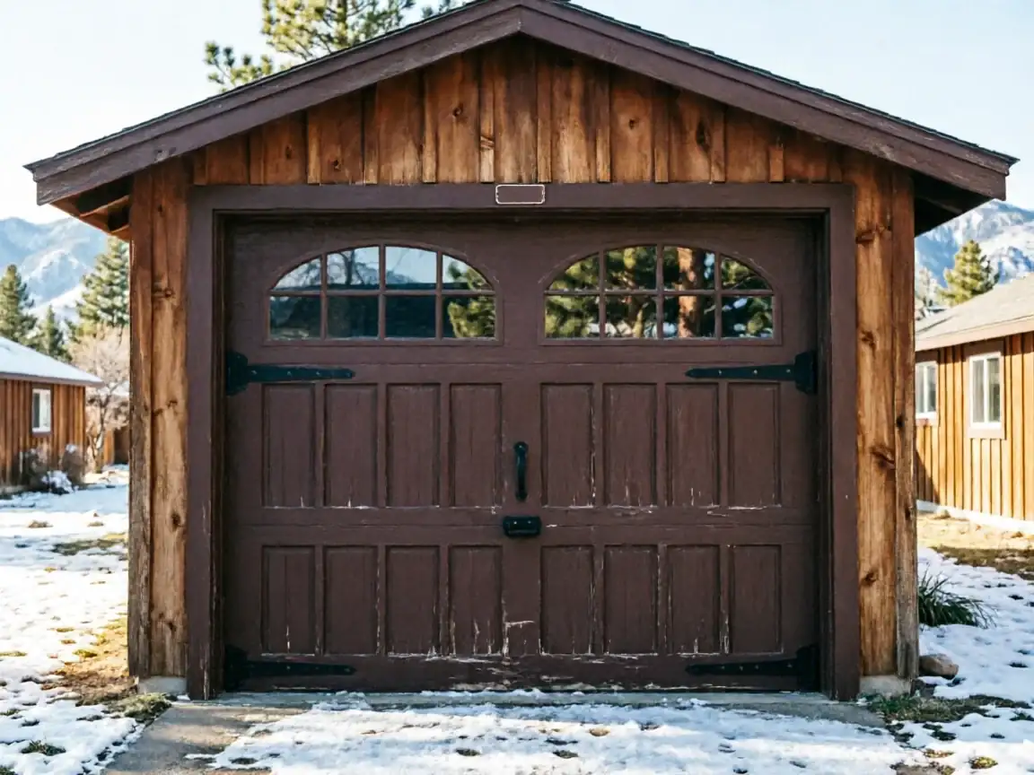 The brown wooden garage door has arched windows and peeling paint.