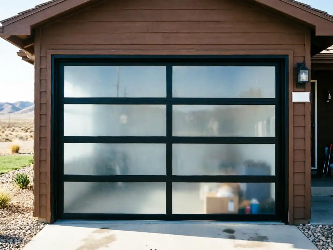 A modern garage door with frosted glass panels and a black frame.
