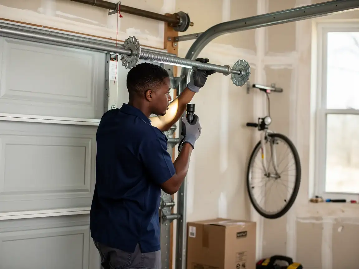 A technician in a blue shirt inspects a garage door torsion spring with a flashlight.