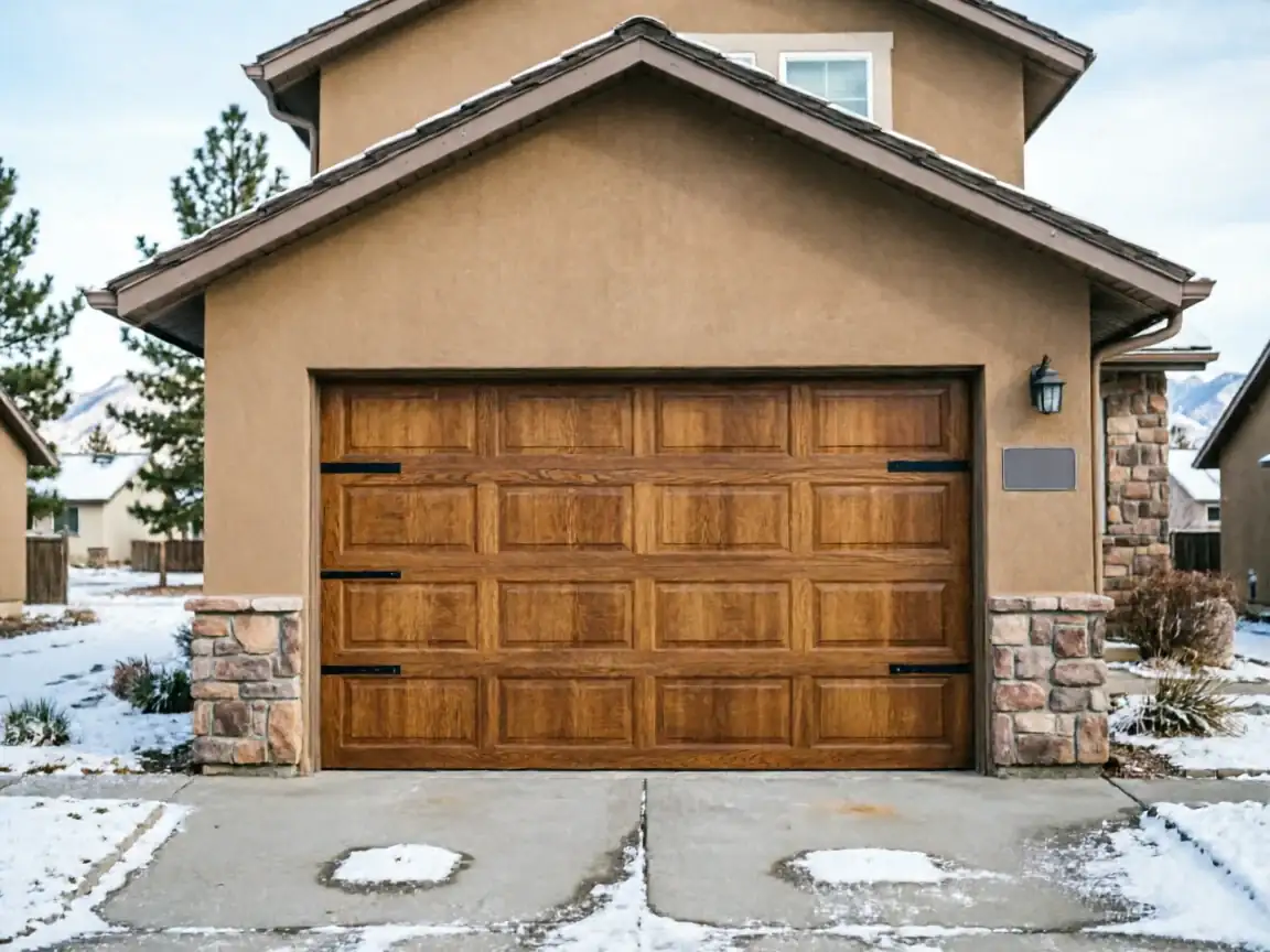 A brown garage door with decorative black hinges on a stucco house in winter.