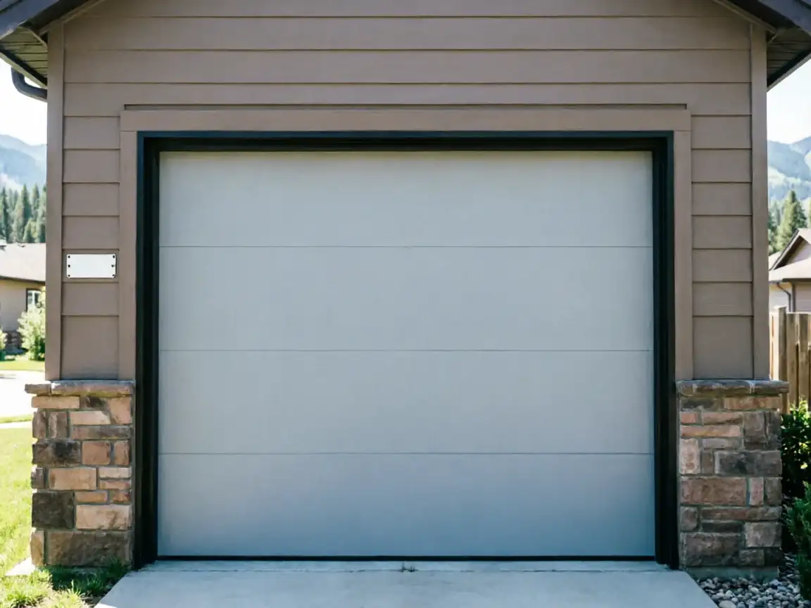 The light gray garage door is closed on a brown house with stone accents.