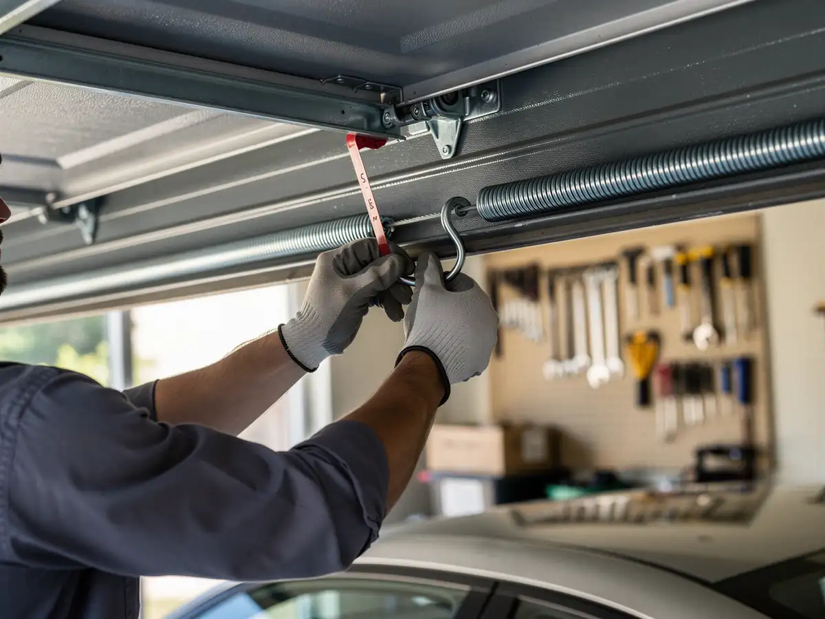 A technician in gloves works on a garage door extension spring.