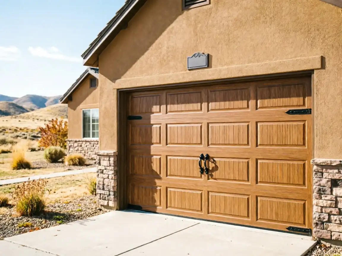 The garage door is a brown wood-look panel door with decorative black hardware.